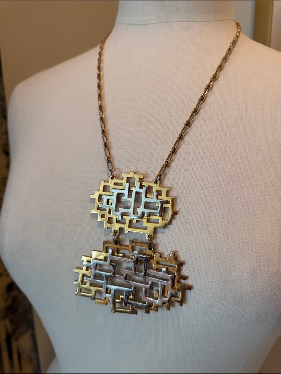 Napier Jewelry - Napier Signed Vintage Gold & Silver Two-Tier Geometric Linked Statement Necklace